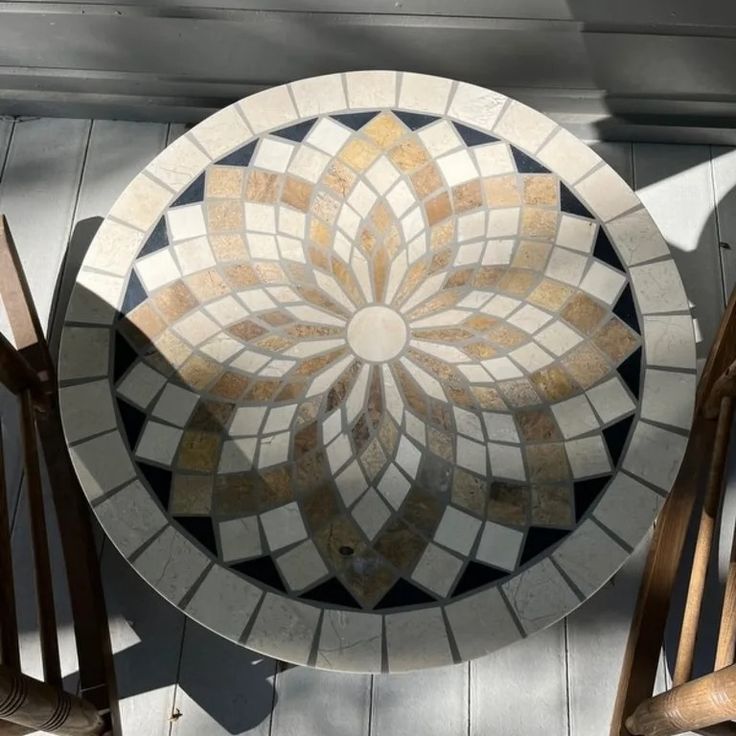 a table and chairs sitting on top of a wooden floor