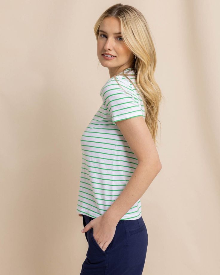 Coastal comfort is easy to achieve in a soft and standard striped tee. This soft cotton crew neck serves as the best base layer for an optimal oceanside outfit. Style: 10819 Summer Striped Hem Relaxed Fit T-shirt, Summer Relaxed Fit T-shirt With Striped Hem, Relaxed Fit Striped Hem T-shirt For Summer, Basic Striped Short Sleeve Tops, Casual Striped Tops For Spring, Spring Horizontal Stripe T-shirt For Everyday, Spring Horizontal Stripe T-shirt, Spring Everyday Horizontal Stripe T-shirt, Spring Everyday T-shirt With Horizontal Stripes