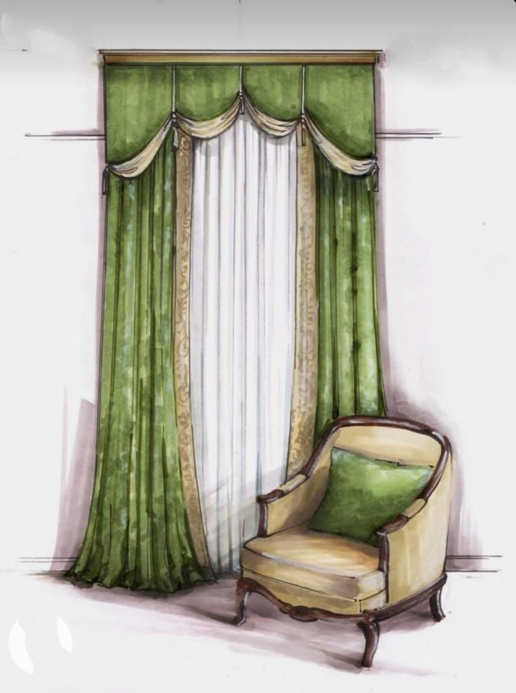 a chair sitting next to a window covered in green curtains