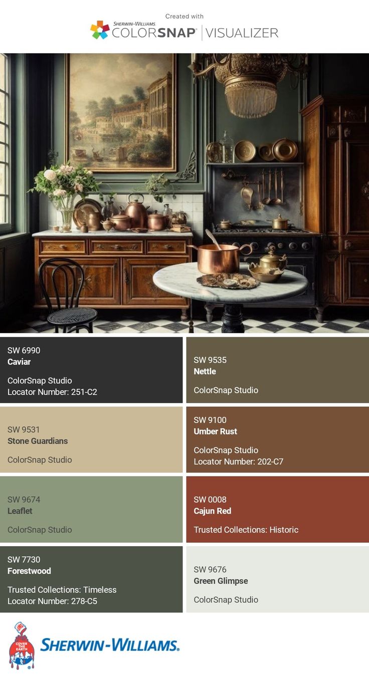 the color scheme for this kitchen is brown and green