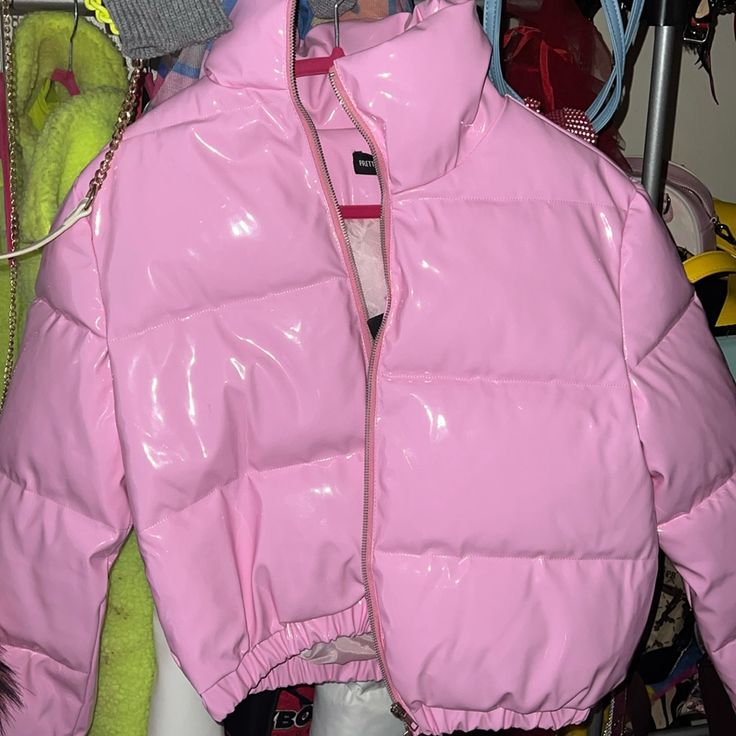 Brand New Vinyl Jacket Pink Zipper Closure Outerwear For Spring, Trendy Pink Outerwear With Zipper Closure, Pink Fitted Trendy Puffer Jacket, Trendy Fitted Pink Puffer Jacket, Chic Solid Puffer Jacket For Spring, Chic Solid Color Puffer Jacket For Spring, Chic Solid Color Spring Puffer Jacket, Chic Long Sleeve Puffer Jacket For Spring, Trendy Pink Spring Outerwear