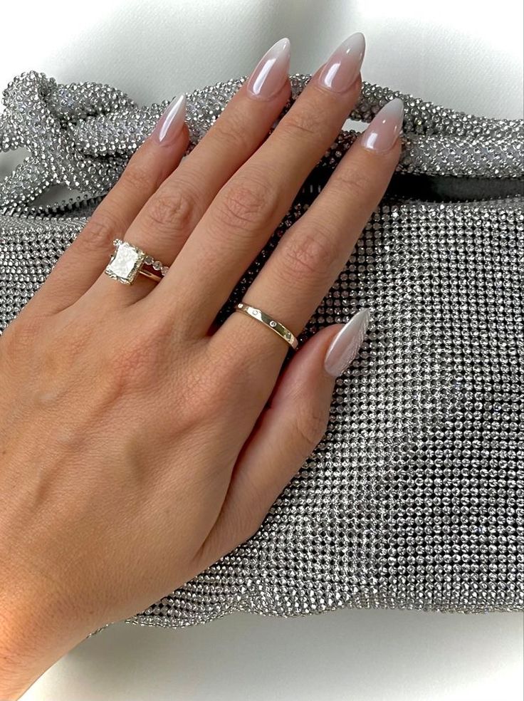 French Ombre Pearl Nails, Glazed French Ombre Nails, Ombré Pearl Nails, White Chrome Bridal Nails, Ombre French Nails Chrome, Ombré French Tip With Chrome, Blended French Tip Nails Almond, Chrome French Tip Nails By Skin Tone Range, Pearl Chrome Ombre Nails