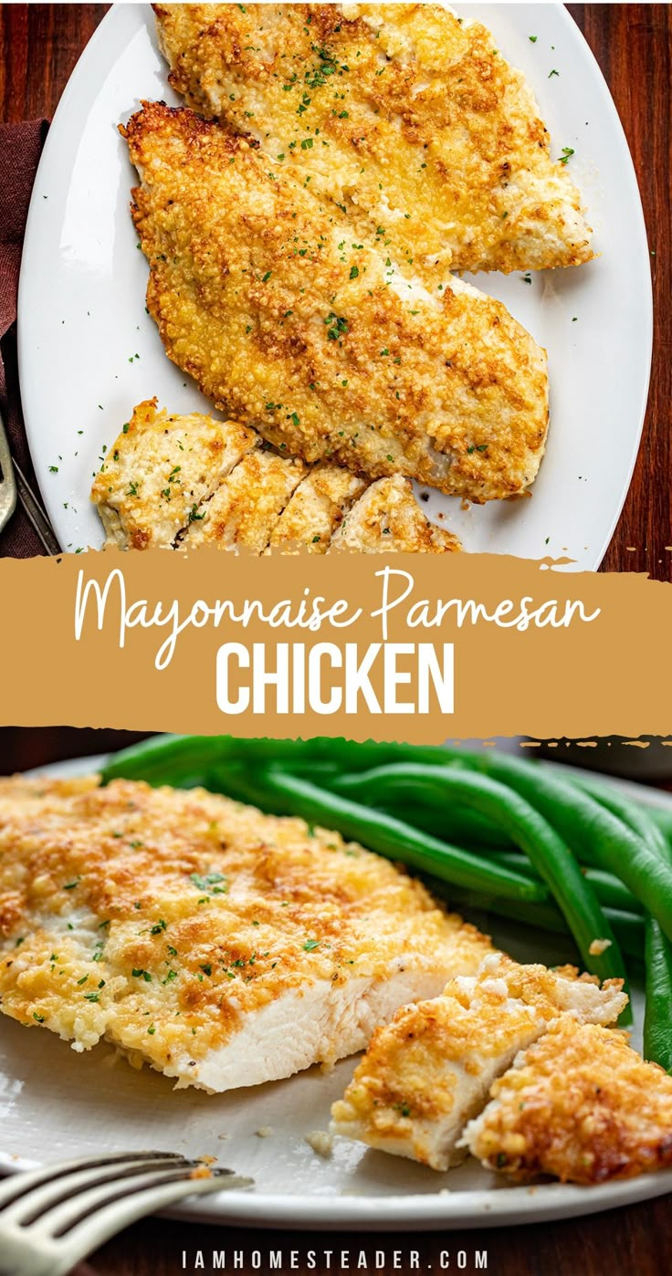 A white platter with three pieces of mayonnaise parmesan chicken and a metal plate with one piece of sliced mayonnaise parmesan chicken with green beans. Meal Rotation, Chicken Breast Recipes Baked, Chicken Breast Recipes Easy, Seasoned Chicken, Chicken Entrees, Easy Chicken Dinner Recipes, Chicken Tender Recipes, Parmesan Chicken, Chicken Dish