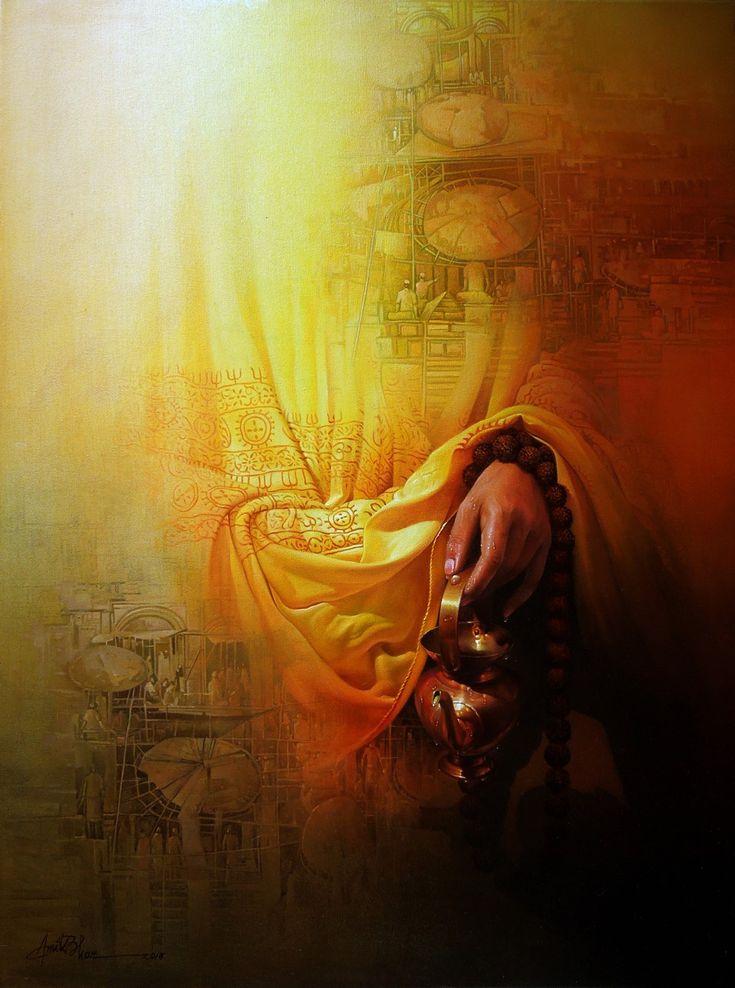 a painting of a hand holding a golden object