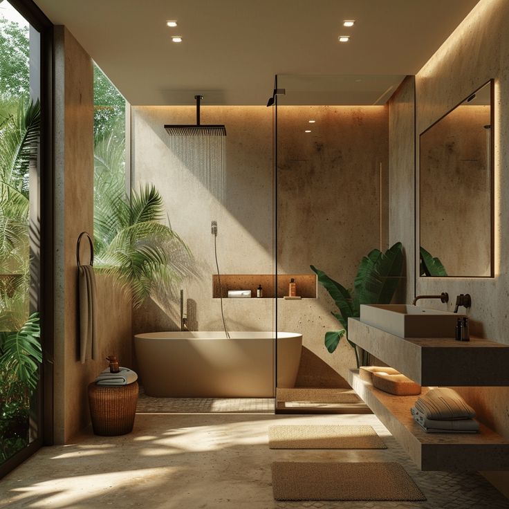 a bathroom with a bathtub, sink and mirror next to a plant filled wall