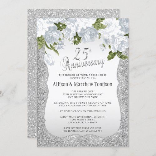 an elegant 25th anniversary party card with white roses and silver glitters on the front