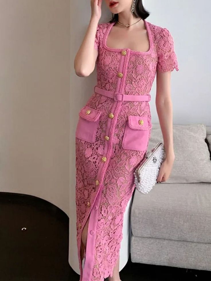 Lace Dress For Women, Mid Dress, Pink Lace Dress, Lace Pink Dress, Belted Midi Dress, Summer Vintage, Pink Midi Dress, Mid Dresses, Vintage Summer