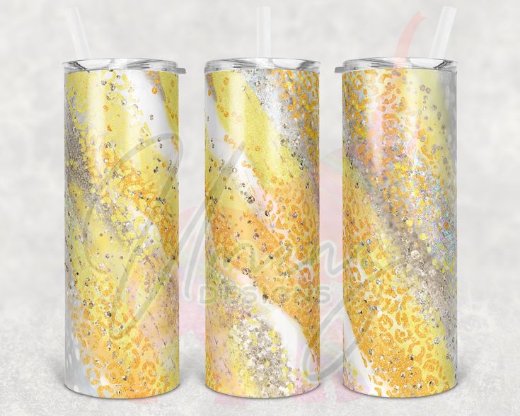 three yellow and white tumblers with straws in them