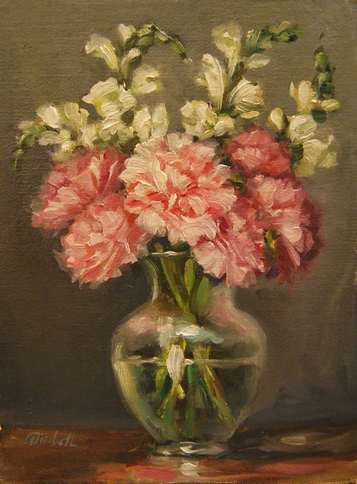 a painting of pink and white flowers in a vase