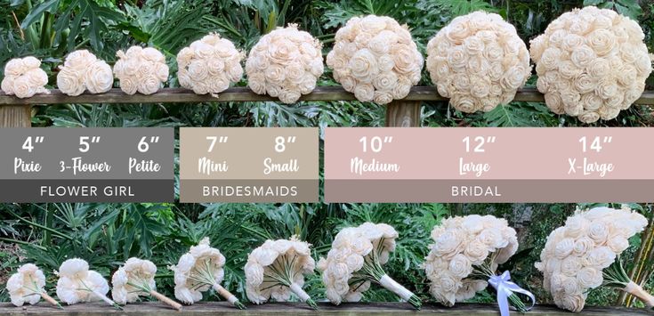 wedding bouquets are arranged on a wooden fence