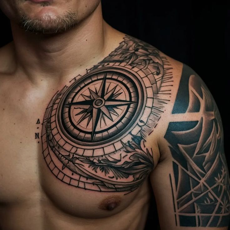 a man with a compass tattoo on his chest