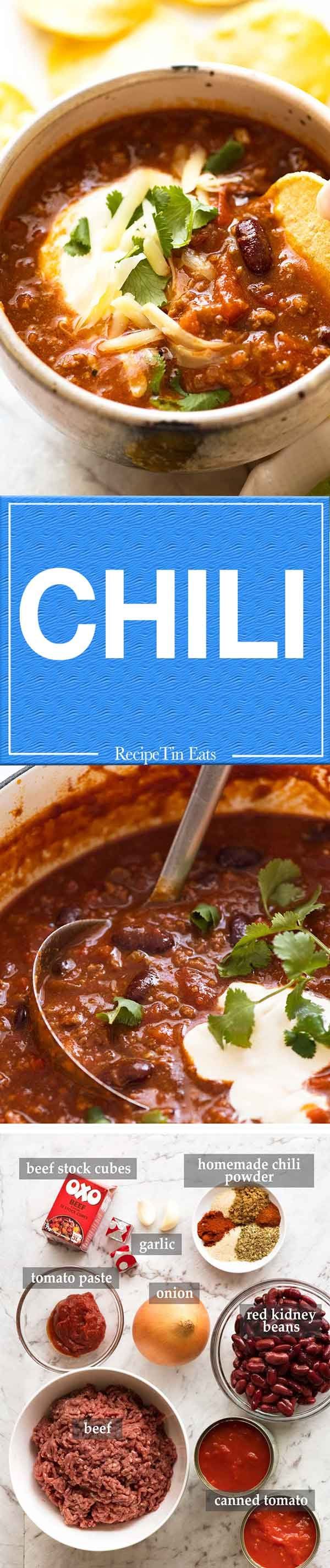 the recipe for chili is shown in blue and white