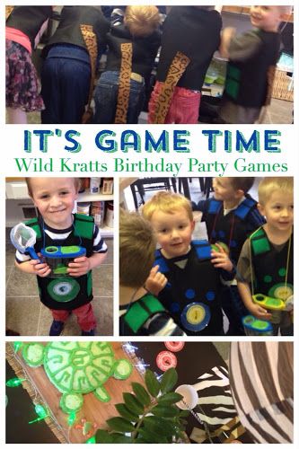 there are three pictures of children in their birthday party outfits, and the words it's game time wild krats birthday party games