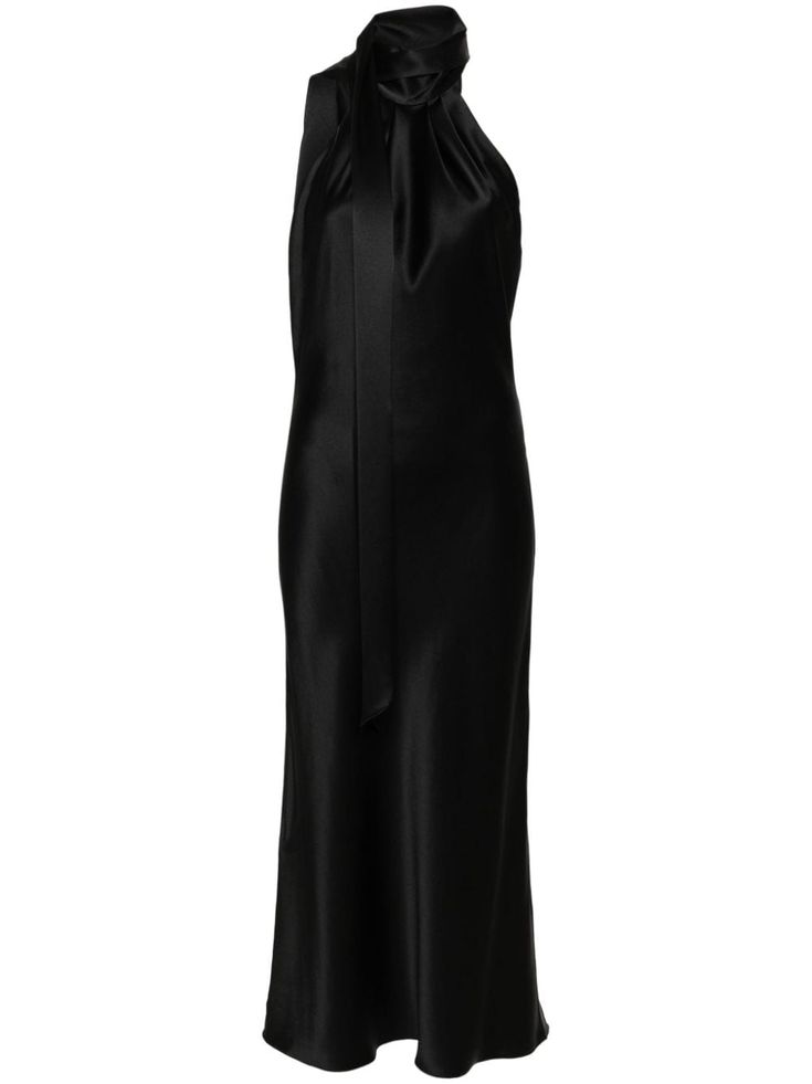 black satin weave halterneck tie fastening rear button fastening concealed rear zip fastening open back sleeveless column silhouette long length Sleek Halter Neck Midi Dress For Formal Occasions, Sleek Evening Maxi Dress With Tie Back, Sleek Halter Neck Midi Dress For Formal Events, Satin Halter Neck Slip Dress For Dinner, Black Satin Halter Dress For Formal Occasions, Sleek Silk Satin Halter Neck Dress, Elegant Black Halter Neck Slip Dress, Silk Midi Halter Dress For Formal Occasions, Silk Midi Length Halter Dress For Evening