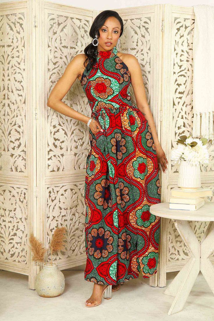 Halter Ankara Dress, Spring High Neck Maxi Dress With Side Slits, Fitted Multicolor Maxi Dress With Side Slits, Bohemian Sleeveless Dress With Side Slits, Fitted Bohemian Maxi Dress With Split, Green Maxi Dress With Side Slits, Red Sleeveless Maxi Dress With Side Slits, Fitted Sleeveless Printed Maxi Dress, Flare Gown Ankara