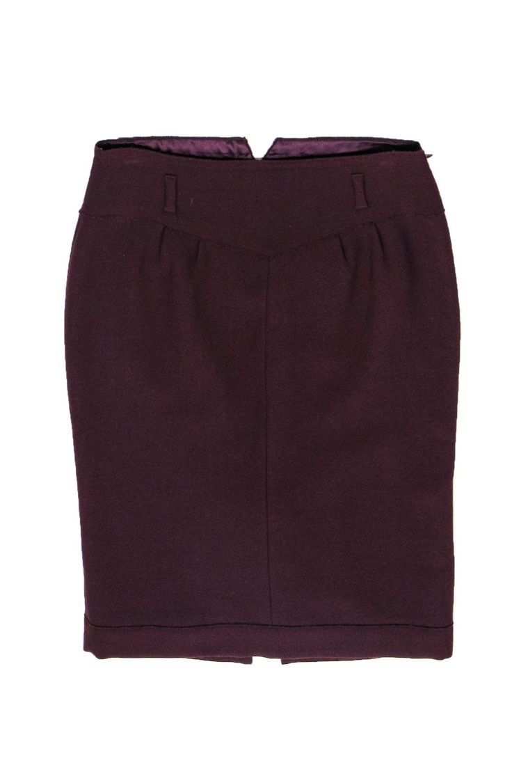 Current Boutique-Miu Miu - Burgundy Wool Blend Pencil Skirt Sz 4 Formal Knee-length Mini Skirt For Fall, Wool Midi Skirt For Workwear, Elegant Mini Pencil Skirt For Winter, Elegant Formal Mini Skirt For Winter, Classic Wool Skirt For Work, Elegant Miu Miu Skirt, Winter Mini Pencil Skirt, Chic Miu Miu Skirt For Work, Chic Lined Skirt By Miu Miu