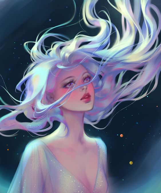 a painting of a woman with her hair blowing in the wind and stars behind her