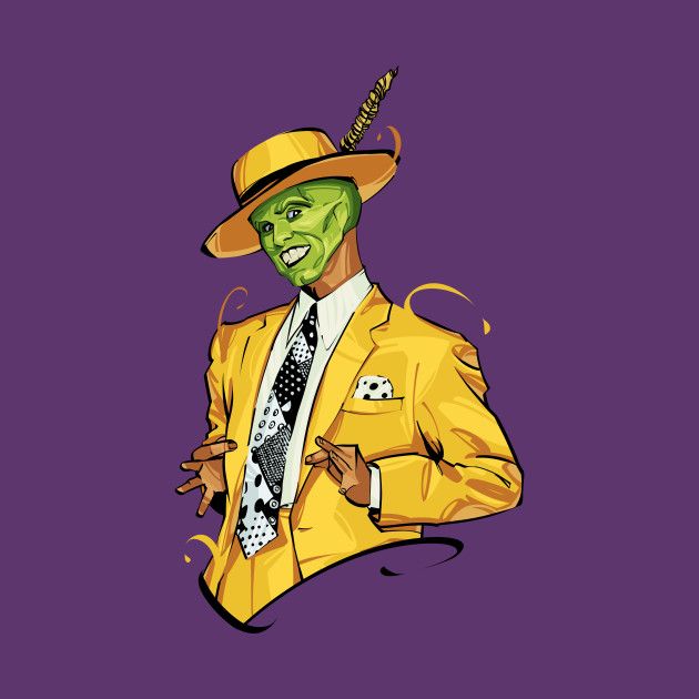 a man in a yellow suit and hat with a green mask on his face wearing a black tie