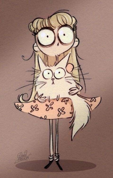 a drawing of a girl holding a cat with glasses on her face and looking at the camera