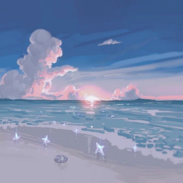 a painting of the ocean with clouds and stars in the sky above it, as seen from an empty beach