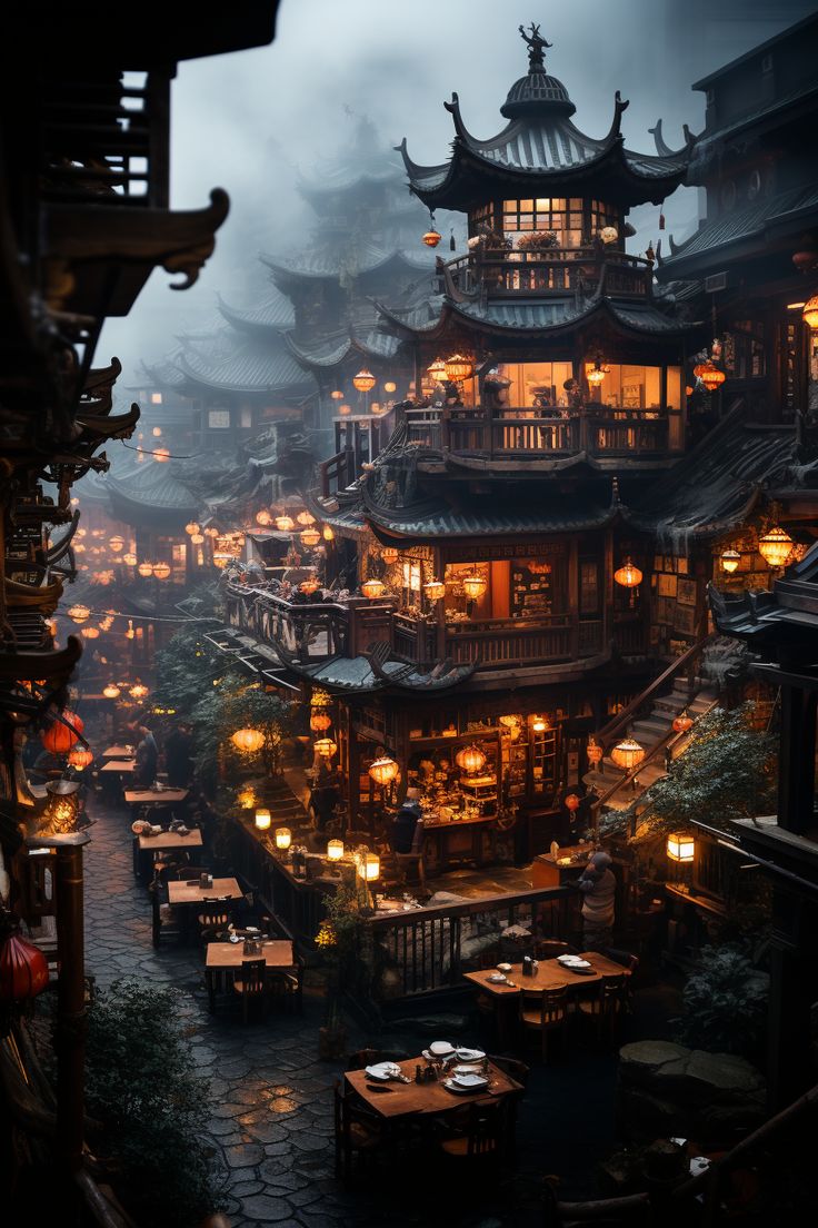 A street filled with old wooden Chinese restaurants with multiple levels. This is an AI artwork made by using Midjourney. Old Chinese Architecture, Fantasy Chinese City, Chinese Fantasy Aesthetic, Chinese Skyscrapers, Chinese City Aesthetic, Chinese Art Aesthetic, Chinese Restaurant Aesthetic, Asian Fantasy Art, Old Chinese Art