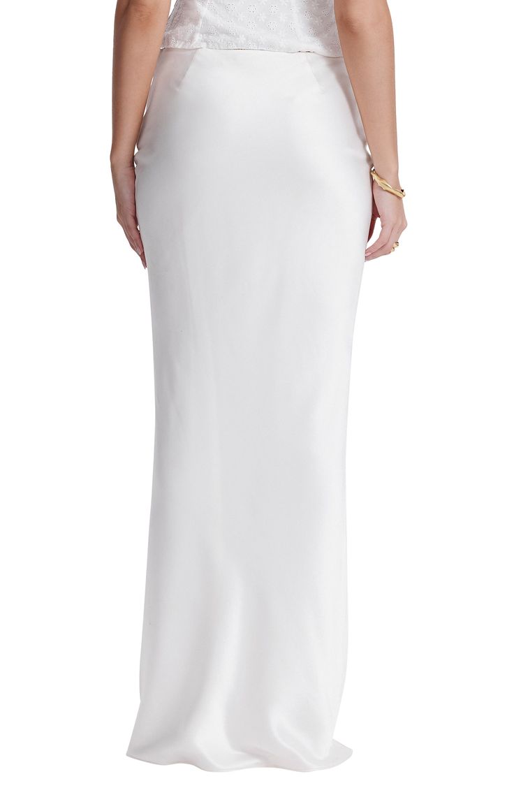 Stunning bias-cut satin lends superior drape to this low-waist maxi skirt that flows to the floor. Exclusive retailer Lined 75% acetate, 25% polyester Dry clean Imported Elegant Floor-length Satin Skirt, Silk Long Skirt With Bias Cut, Fitted Satin Finish Maxi Skirt, Elegant Floor-length Silk Skirt, White Flowy Satin Maxi Skirt, Elegant Wide Leg Satin Maxi Skirt, Floor-length Satin Skirt, Formal Bias Cut Maxi Skirt, Formal Full-length Silk Maxi Skirt