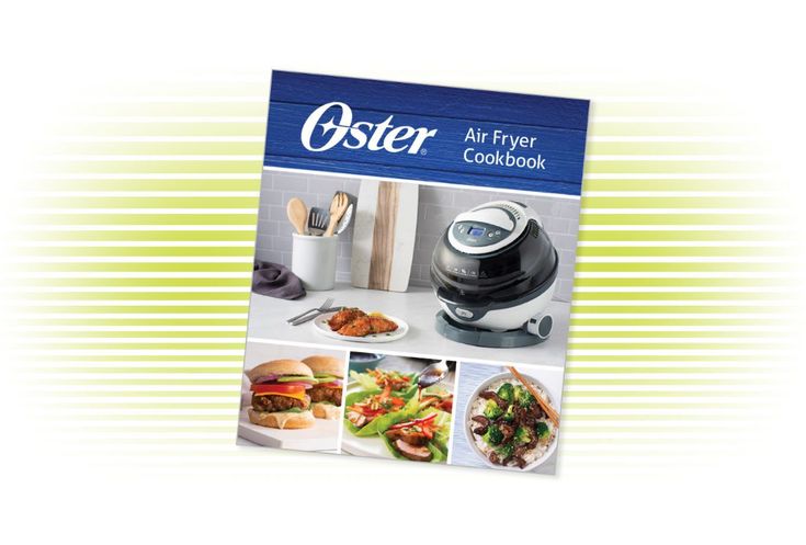 the oster air fryer cookbook is open to show pictures of food and cooking utensils