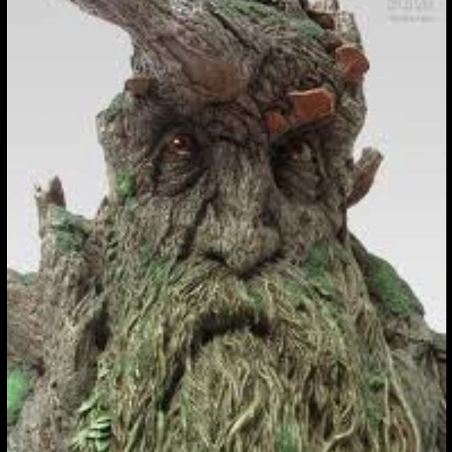 a close up of a statue of an old man with green moss on his face