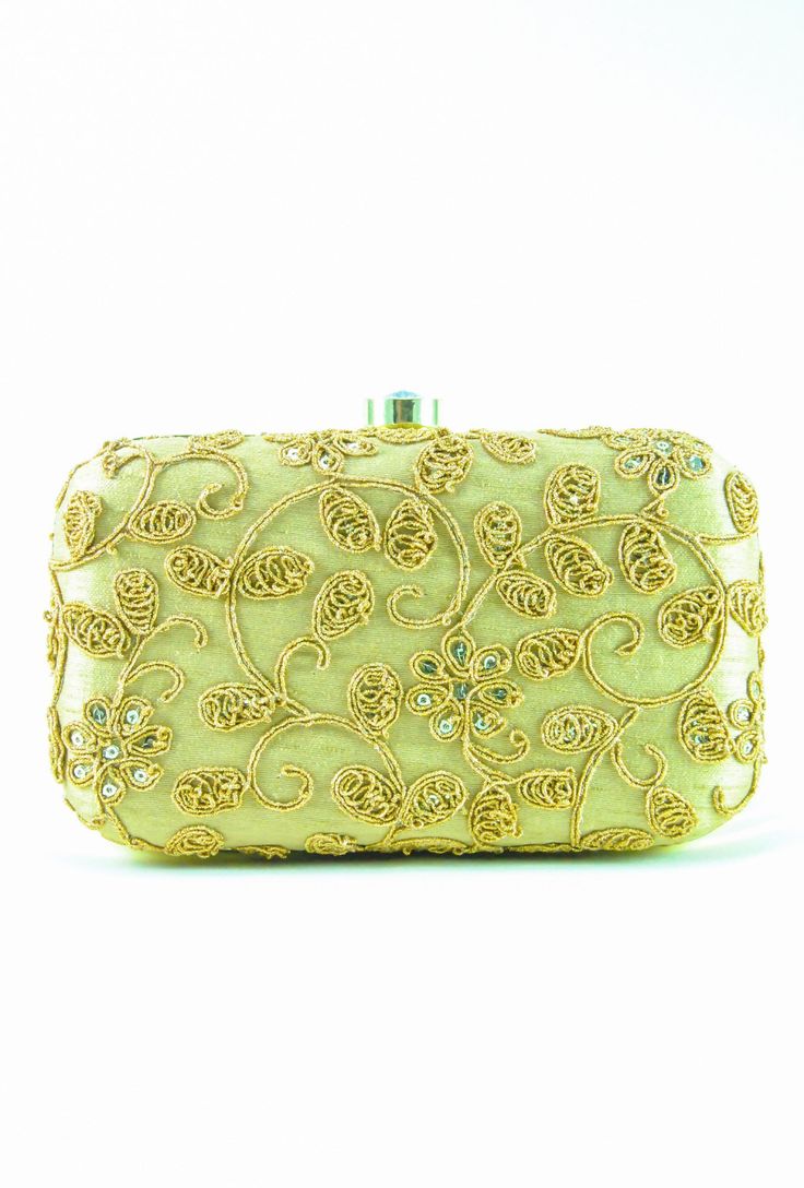 This Gold embroidered Clutch bag is perfect for any occasion. A gold coloured metal frame surrounds the bag and is finished with a clasp lock. The interior is lined in soft and smooth fabric to complement the bag and has gusseted sides to keep your contents secure. The bag also features a detachable chain. It can be used as a hand clutch or can also be worn on the shoulder. Each piece takes 2-3 days to be completed and is made with perfection for our special customers. Metal work Design Metal Fr Embroidered Clutch Bag, Best Leather Wallet, Hand Clutch, Teaser Video, Beaded Clutch Purse, Designer Clutch Bags, Embroidered Clutch, Designer Clutch, Indian Suits