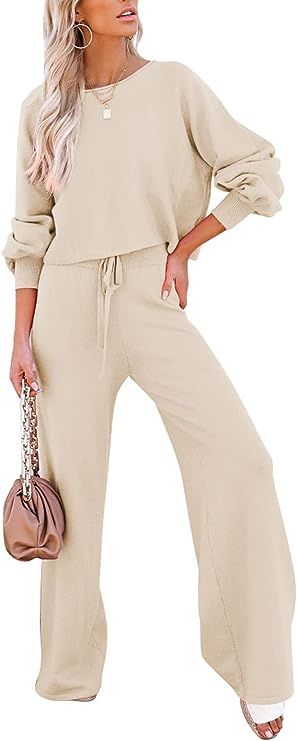 Pink Queen Women's 2 Piece Outfit Sweater Set Long Sleeve Crop Knit Top and Wide Leg Long Pants Sweatsuit Wide Leg Pants Outfits, Leg Pants Outfit, Cropped Pullover, Pullover Outfit, Casual Evening, Puff Long Sleeves, Long Sleeve Knit Sweaters, Loungewear Set, Knit Crop Top