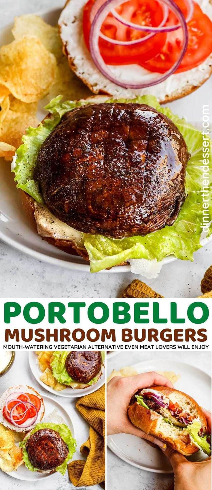 an advertisement for a restaurant called portobello mushroom burgers with lettuce, tomato and onion rings