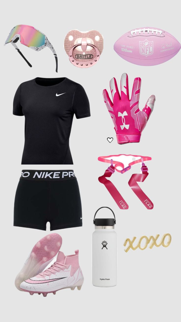 the contents of a women's running outfit including shoes, water bottle and sports gear