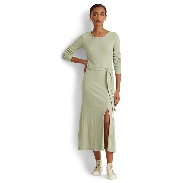 This stylish Lauren Ralph Lauren Ribbed Long Sleeve Dress features a vibrant Green color, perfect for any occasion. Made from a premium blend of materials including 58% Cotton, 39% Modal, and 3% Elastane for comfort. Available in Size Small, this dress is designed for a flattering fit and showcases a classic Crewneck a Houndstooth Pencil Skirt, Strapless Evening Gowns, Ribbed Tank Dress, Black Cotton Dresses, White Halter Dress, Polo Shirt Dress, Cropped Pants Women, Women Bodycon Dress, Ribbed Midi Dress