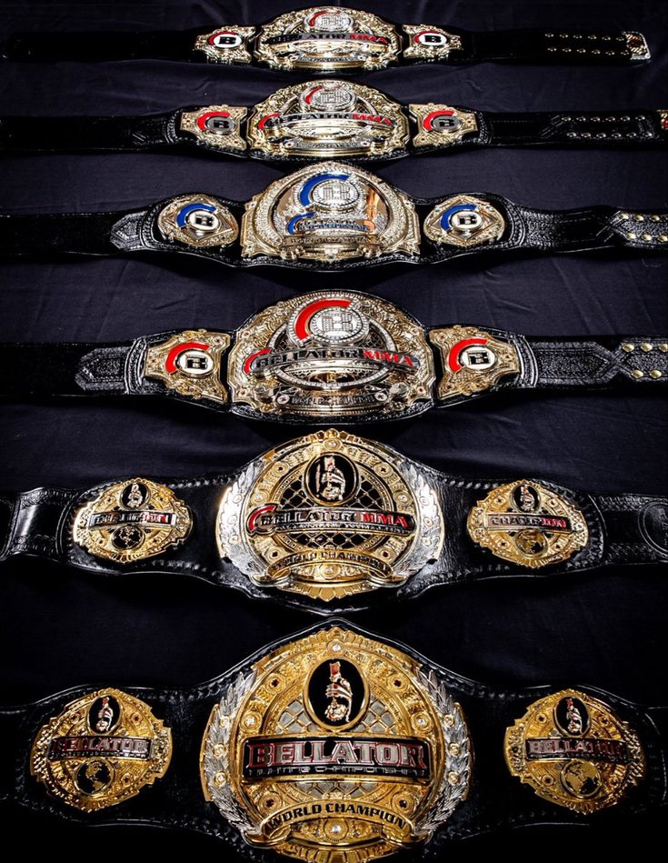 five different types of wrestling belts lined up