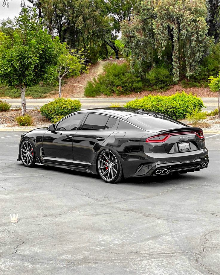 a black sports car parked in a parking lot next to trees and bushes on a cloudy day