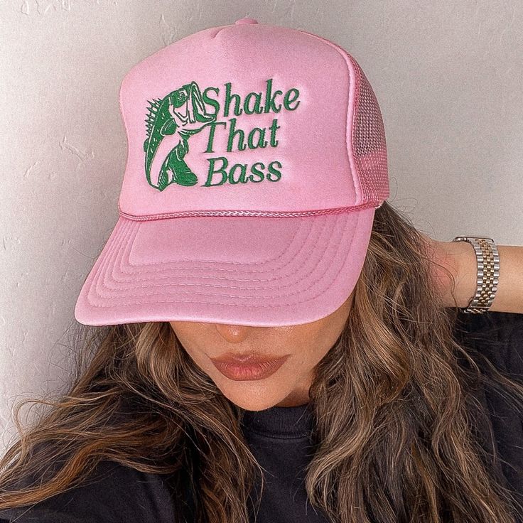 -Unisex Embroidered Shake That Bass Trucker -Baby Pink With Green Colored -One Size With Adjustable Snap-Back Pink Cap For Summer, Trendy Pink Brimmed Hat, Trendy Pink Baseball Cap For Summer, Fun Pink Trucker Hat With Letter Print, Cute Pink Trucker Hat With Letter Print, Pink Summer Baseball Cap With Curved Brim, Pink Cotton Baseball Cap For Summer, Pink Baseball Cap For Spring Beach, Cute Pink Letter Print Trucker Hat