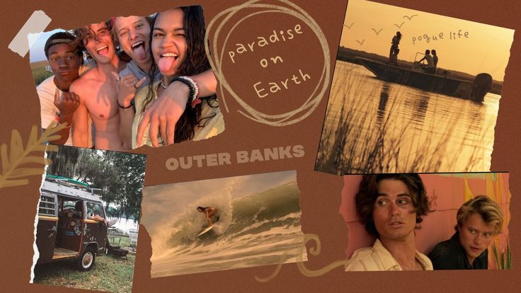 collage of pictures with people and animals in the background, including an advertisement for outer banks