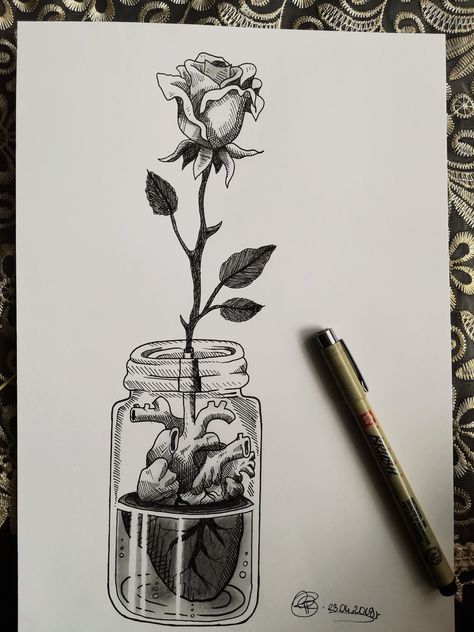 a drawing of a rose in a mason jar