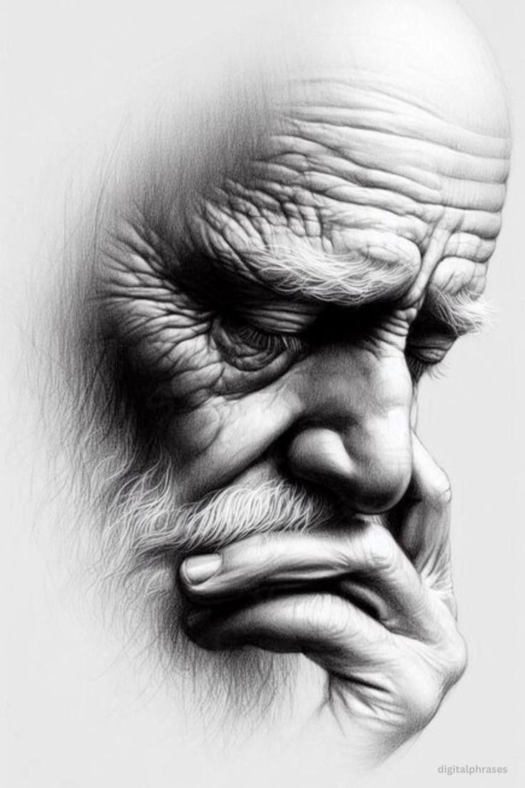 an old man's face is shown with his hands on his chin and the eyes are