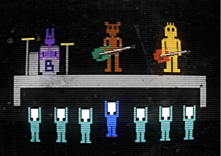 some pixelated characters are standing in front of a building