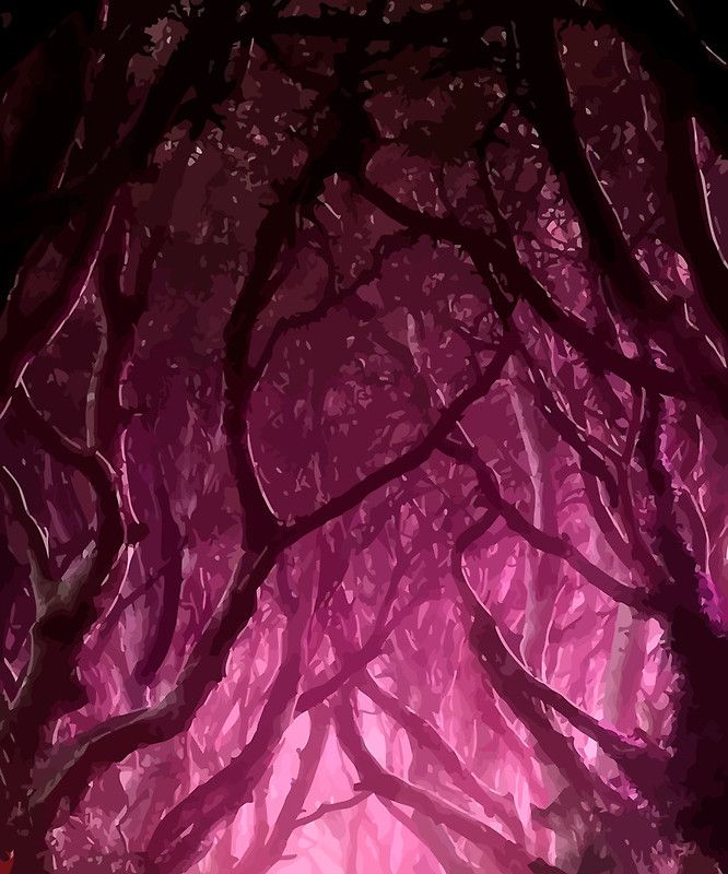 a purple forest filled with lots of trees and people walking down the road in front of them