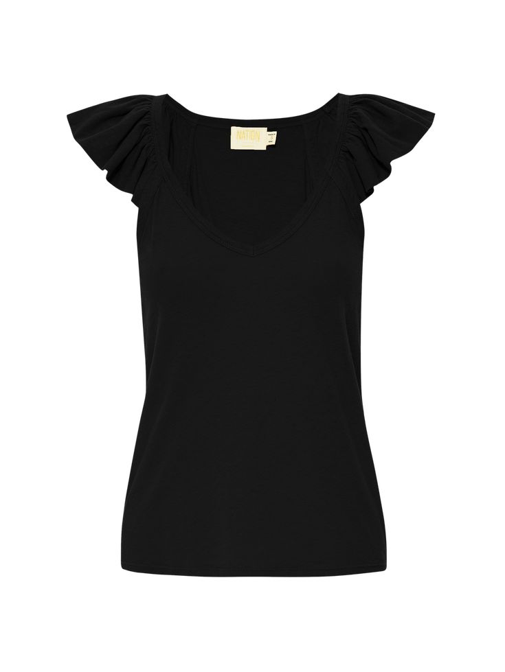 Your new every day cami (with a romantic twist). A V-neckline and soft, girly ruffles give it that extra special something to keep it easy and chic, wherever you go. (This one comes in Jet Black.) | Aven Cami in Jet Black | Ethical Essentials Nation Ltd, Cami Shirt, Womens Tank, Cami Tanks, Tank Top Cami, Jet Black, Shirt Price, Best Sellers, Ruffles