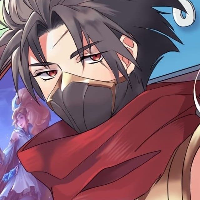 an anime character with black hair and red scarf on his head, in front of a blue sky