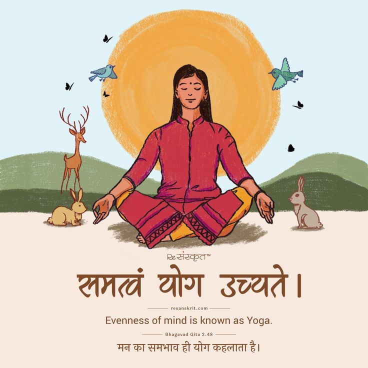 a woman sitting in the middle of a yoga pose with animals around her and an orange sun behind her