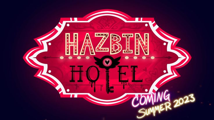 the neon sign for hazbin hotel is lit up in red and purple colors