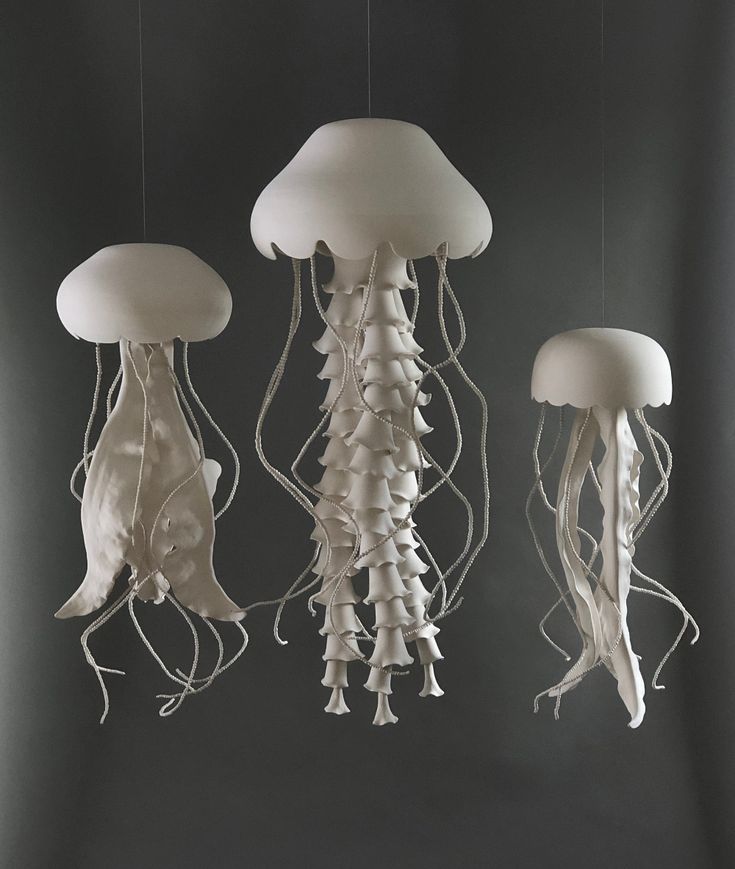 three white jellyfish suspended in the air