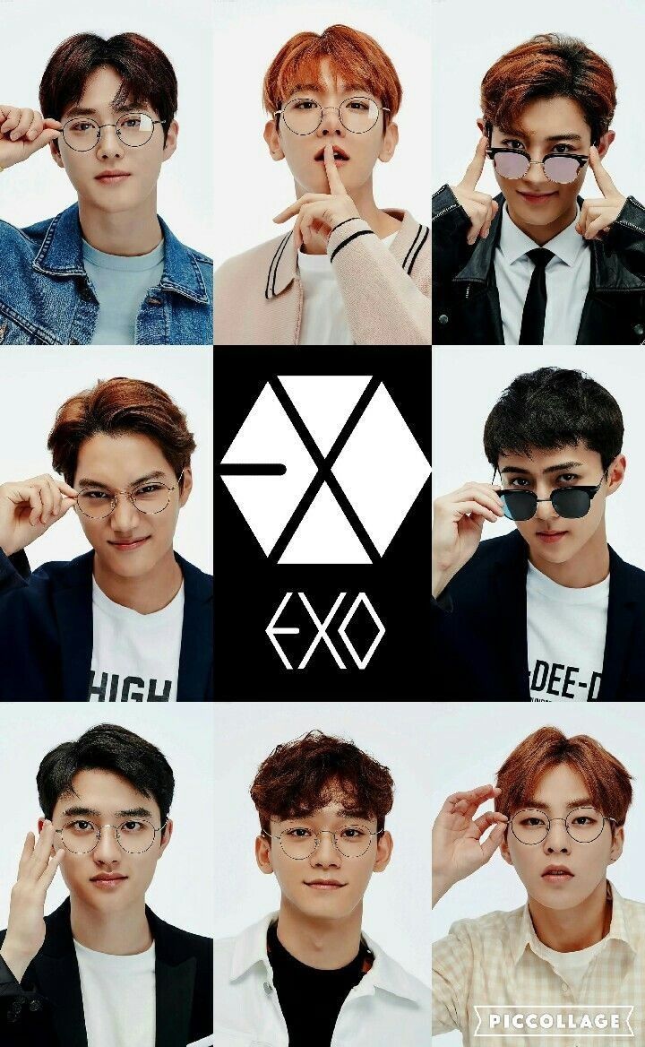 many different images of young men with glasses on their faces and the words exo above them