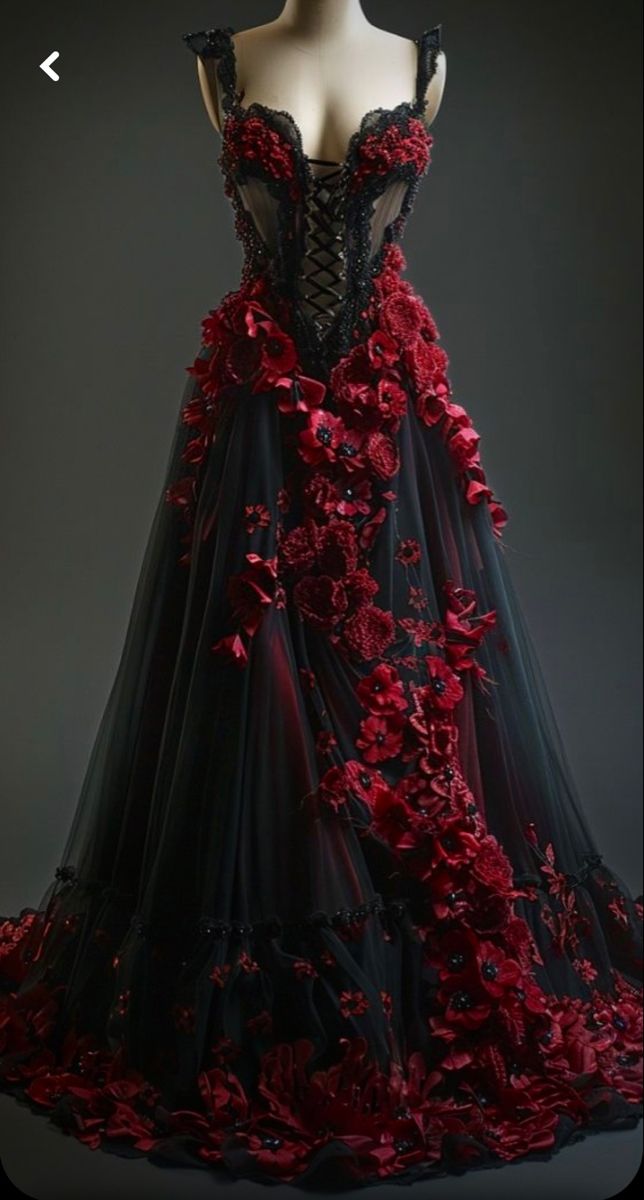 Blood Red Wedding Dress, Black And Red Dress Formal, Vintage Gothic Wedding Dress, Red Masquerade Dress, Grimm Characters, Red And White Wedding Dress, Red And Black Dresses, Black Dress With Red Roses, Witch Dresses