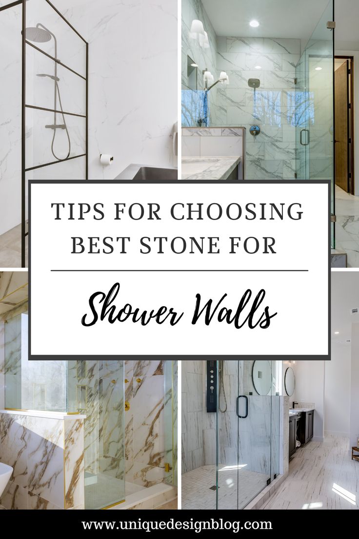 marble bathroom with text overlaying tips for choosing best stone for showers and shower walls