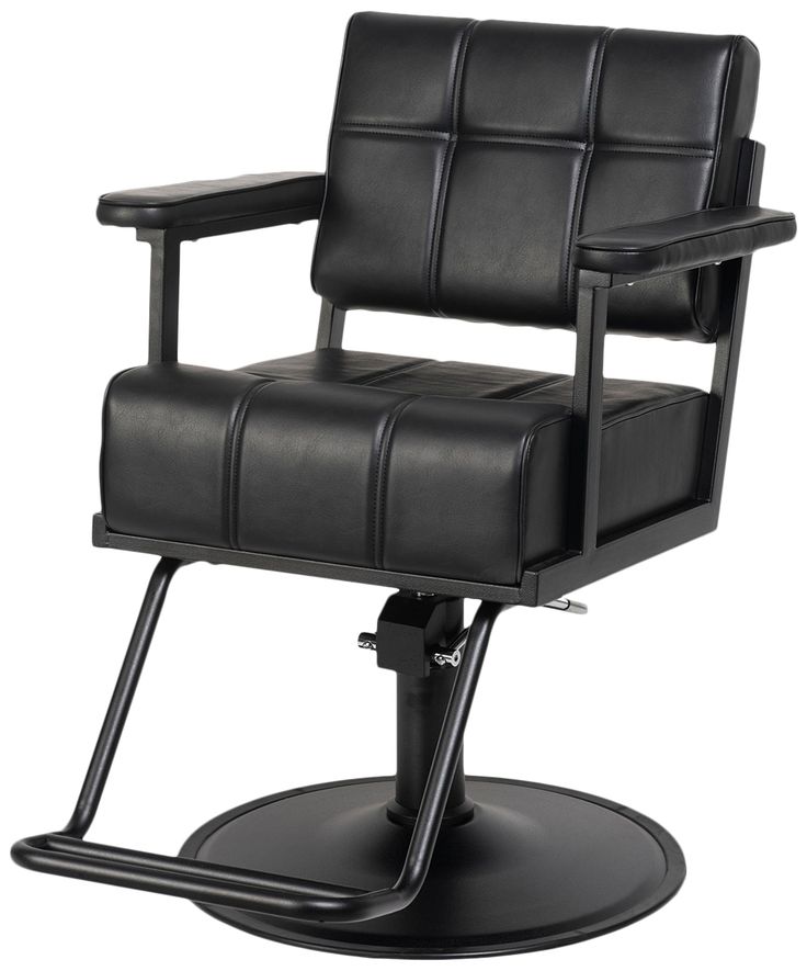 a black chair that is sitting on top of a metal base and has an arm rest